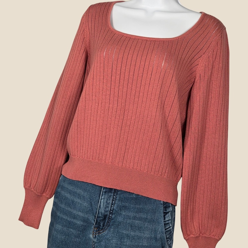 Evereve Womens Small Square Neck Pointelle Rib Knit Sweater Terracotta Pink